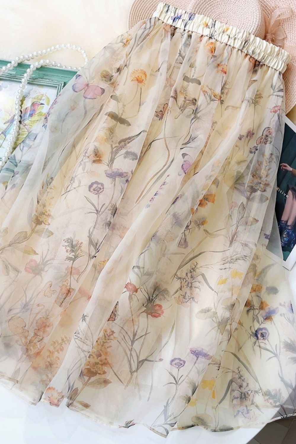 Women Sweet High-waisted A-line Mesh Midi Skirts